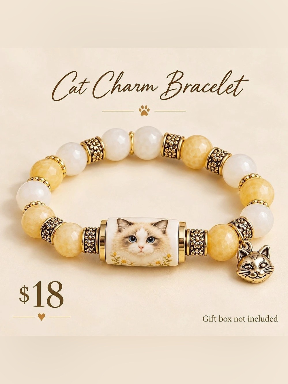 Cat Charm Bracelet in Yellow & White NWT